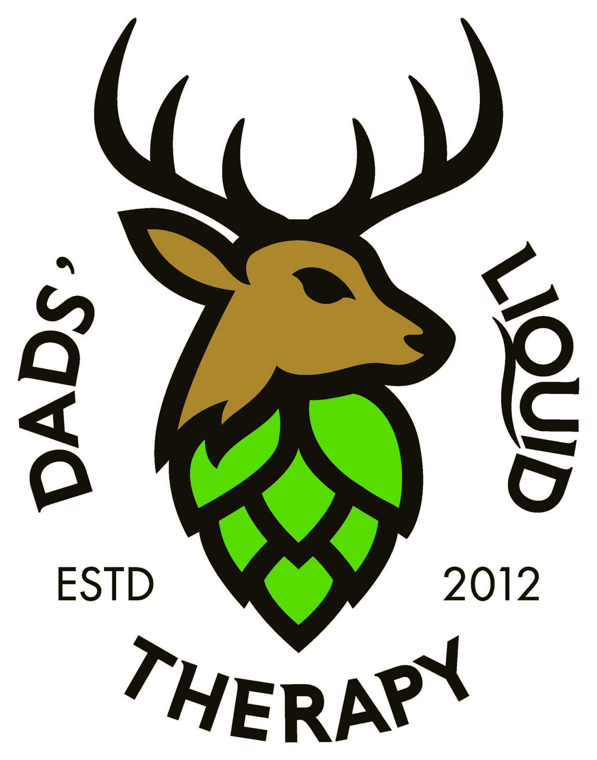 Logo for Dad's Liquid Therapy featuring a stag head on a green hop (plant) as a nod to craft brewing. 
